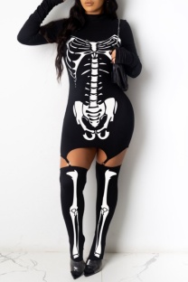 Black Casual Print Patchwork Half A Turtleneck Long Sleeve Dresses (With Socks)