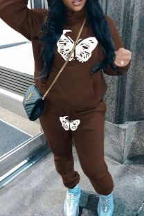 Brown Casual Print Draw String Pocket Patchwork Hooded Long Sleeve Two Pieces