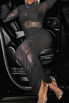 Black Sexy Solid Color Patchwork See-Through Mesh O Neck Long Dresses