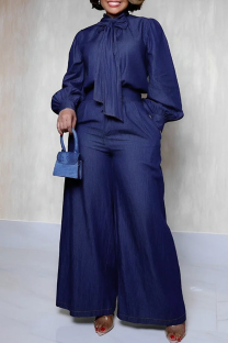Blue Elegant Solid Color Pants Knotted Half A Turtleneck Long Sleeve Two Pieces