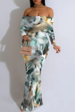 Colour Sexy Floral Print Ruffle Contrast Off Shoulder Long Dresses
