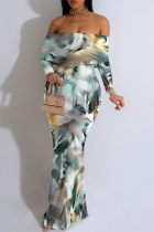 Colour Sexy Floral Print Ruffle Contrast Off Shoulder Long Dresses