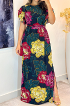 Multicolor Elegant Print Patchwork Slit Ruffled Trim O Neck Long Dresses
