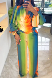 Green Casual Gradient Print Pants Pile Heap Collar Long Sleeve Two Pieces