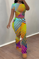 Colour Casual Street Stripe Splashed ink printing Contrast O Neck Short Sleeve Two Pieces