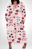 Pink Casual Graffiti Print Heart Shaped Lips Pocket Contrast V Neck Printed Plus Size Dresses