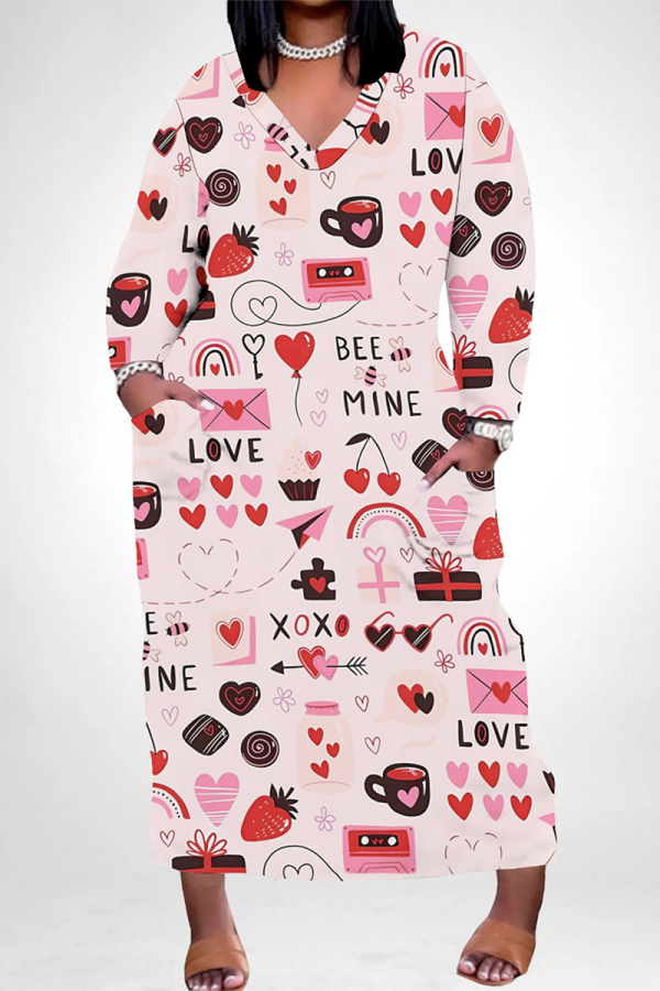 Light Pink Casual Graffiti Print Heart Shaped Lips Pocket Contrast V Neck Printed Plus Size Dresses