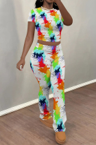 White Casual Street Stripe Splashed ink printing Contrast O Neck Short Sleeve Two Pieces