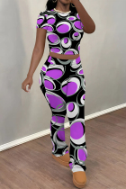 Purple Casual Street Stripe Splashed ink printing Contrast O Neck Short Sleeve Two Pieces