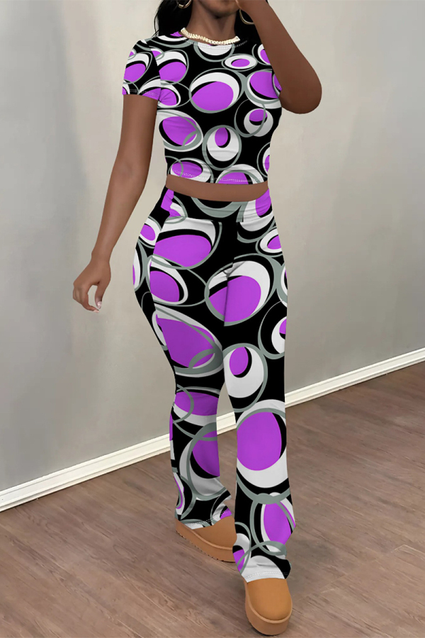 Purple Casual Street Stripe Splashed ink printing Contrast O Neck Short Sleeve Two Pieces