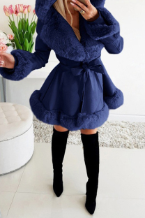 Blue Daily Solid Color Pocket Patchwork Strap Design Cardigan Collar Outerwear