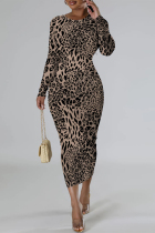 Camel Casual Snakeskin Print Leopard Contrast O Neck Printed Dresses