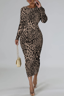 Camel Casual Snakeskin Print Leopard Contrast O Neck Printed Dresses