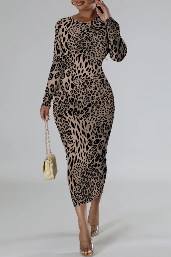 Camel Casual Snakeskin Print Leopard Contrast O Neck Printed Dresses