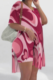 Pink Casual Street Love Print Slit Contrast V Neck Short Sleeve Two Pieces
