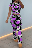 Purple Casual Street Stripe Splashed ink printing Contrast O Neck Short Sleeve Two Pieces