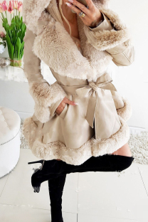 Cream White Daily Solid Color Pocket Patchwork Strap Design Cardigan Collar Outerwear