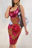 Red Sexy Cartoon Print Letters Leopard Contrast U Neck Printed Dresses