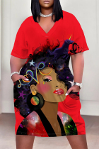 Red Casual Street Cartoon Print Letters Pocket Contrast V Neck Printed Plus Size Dresses
