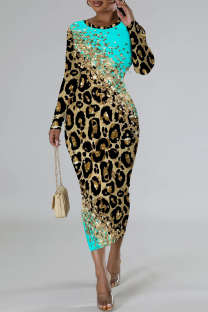 Lake Green Casual Snakeskin Print Leopard Contrast O Neck Printed Dresses