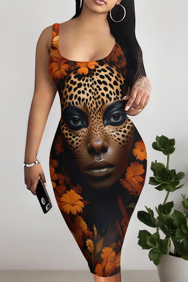 Leopard Print Sexy Cartoon Print Letters Leopard Contrast U Neck Printed Dresses
