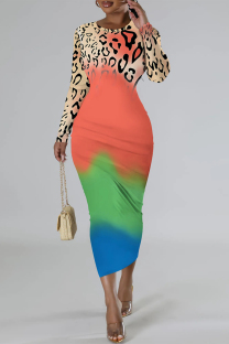 Khaki Casual Snakeskin Print Leopard Contrast O Neck Printed Dresses