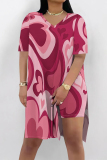 Pink Casual Street Love Print Slit Contrast V Neck Short Sleeve Two Pieces