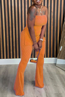 Tangerine Red Casual Solid Color Patchwork Backless Slit Strapless Two Pieces