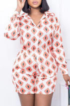 Orange Casual Print Buckle Patchwork Turndown Collar Long Sleeve Two Pieces