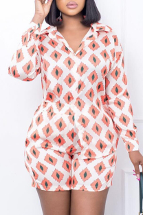 Orange Casual Print Buckle Patchwork Turndown Collar Long Sleeve Two Pieces