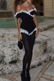 Black Sexy Lace Patchwork Backless Contrast Off Shoulder Regular Jumpsuits