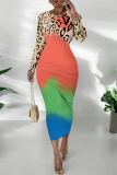 Leopard Print Casual Snakeskin Print Leopard Contrast O Neck Printed Dresses