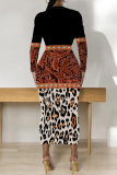 Leopard Print Casual Snakeskin Print Leopard Contrast O Neck Printed Dresses