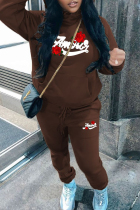 Brown Casual Print Draw String Pocket Patchwork Hooded Long Sleeve Two Pieces