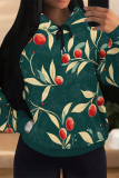 White Blue Casual Street Fruit Print Draw String Pocket Contrast Hooded Tops