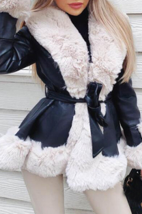 Black And White Daily Pocket Patchwork Strap Design Contrast Cardigan Collar Outerwear
