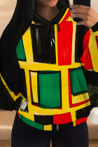 Green Yellow Casual Print Draw String Pocket Patchwork Hooded Tops