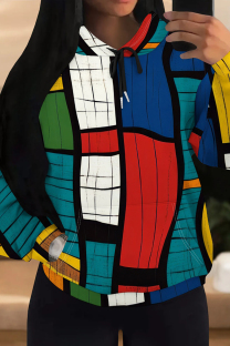 Colour Casual Print Draw String Pocket Patchwork Hooded Tops