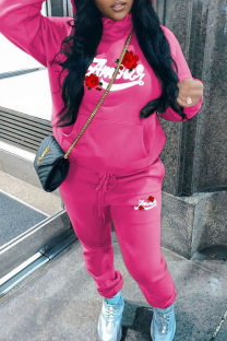 Rose Red Casual Print Draw String Pocket Patchwork Hooded Long Sleeve Two Pieces