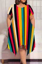 Black Red Casual Colorblock Patchwork O Neck Irregular Plus Size Dresses