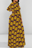 Orange Blue Casual Print Patchwork Strap Design O Neck Long Dresses