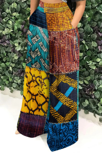 Yellow And Blue Casual Print Pocket Patchwork Loose High Waist Wide Leg Full Print Bottoms