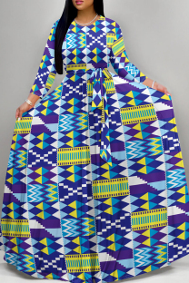 Blue Purple Casual Print Patchwork Strap Design O Neck Long Dresses