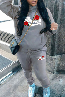 Grey Casual Print Draw String Pocket Patchwork Hooded Long Sleeve Two Pieces