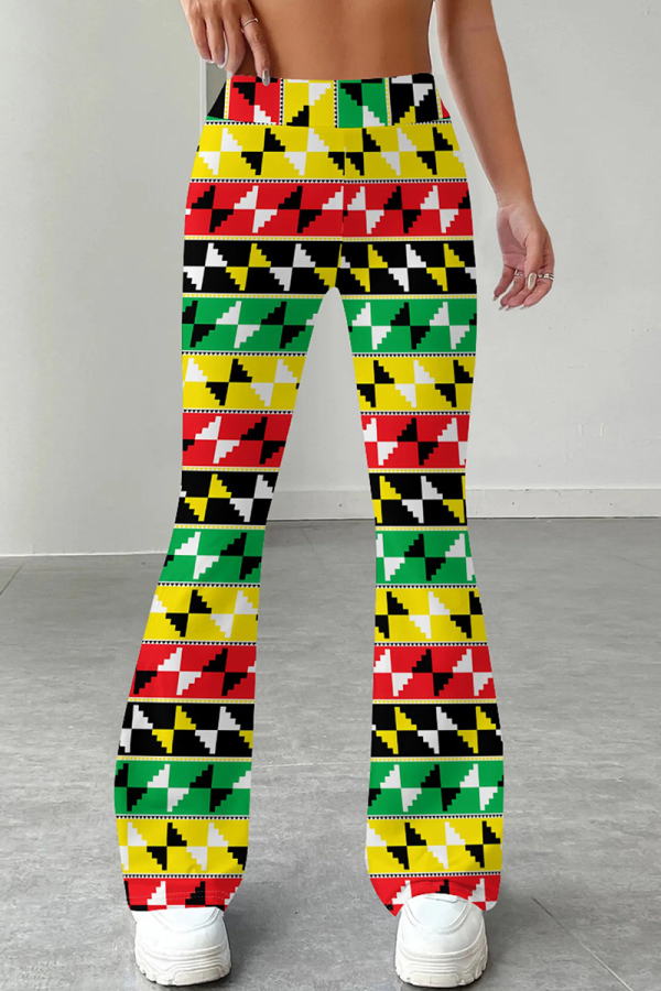 Red Yellow Casual Print Patchwork Regular Mid Waist Speaker Full Print Bottoms