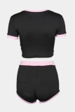 Black Casual Digital Letter Print Patchwork O Neck Short Sleeve Two Pieces