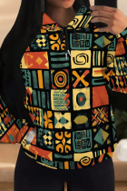 Orange Casual Print Draw String Pocket Patchwork Hooded Tops
