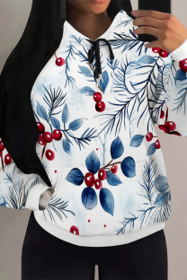 White Blue Casual Street Fruit Print Draw String Pocket Contrast Hooded Tops