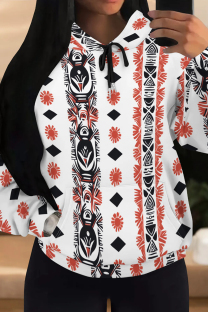 White Red Casual Print Draw String Pocket Patchwork Hooded Tops