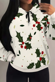 Cream White Casual Street Fruit Print Draw String Pocket Contrast Hooded Tops